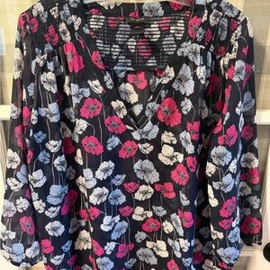 Ann Taylor Floral Blouse - Navy Blue , Pink, White